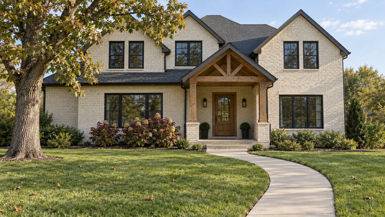 Cream-brick home with layered gables, black-framed windows and a timber porch beyond a deep autumn lawn and curved concrete walk.
