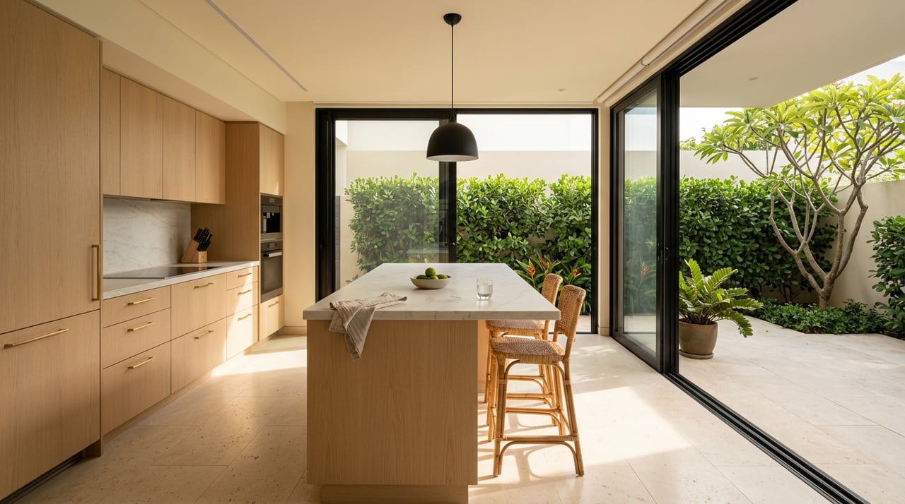 Pale oak kitchen with a limestone island opening onto a planted courtyard through sliding glass doors.