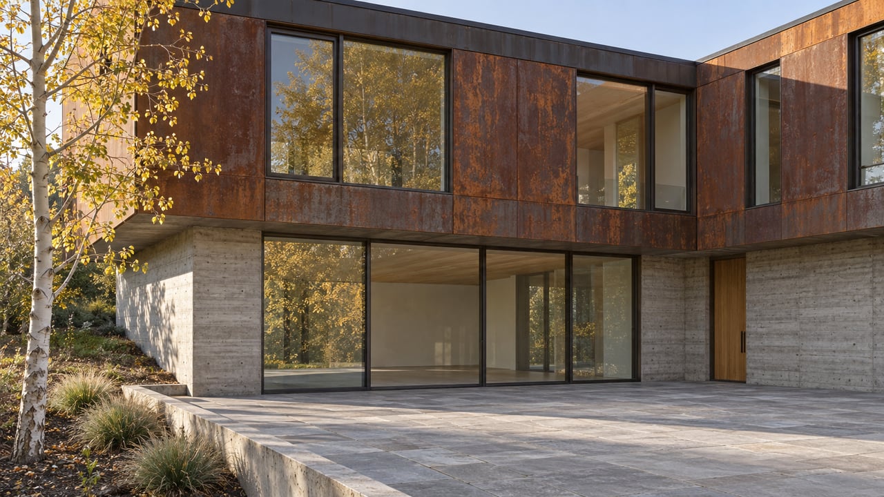 Stepped house with rust-colored steel upper story, concrete lower level, glass walls, and stone terrace.