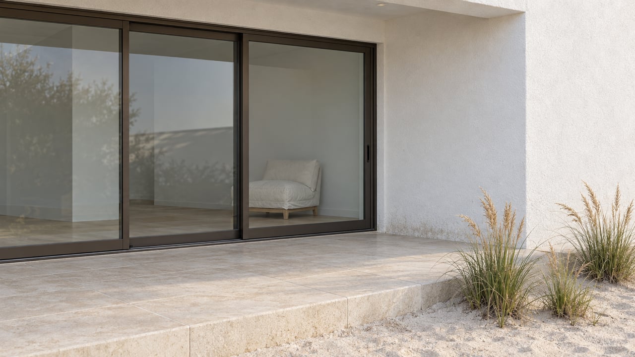White stucco coastal terrace with dark-framed sliding glass doors, pale limestone paving and sea oats beside a raised stone curb.