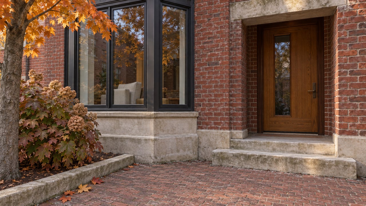 Autumn leaves frame a red-brick residence with a recessed oak front door, black-framed bay windows and worn limestone steps.