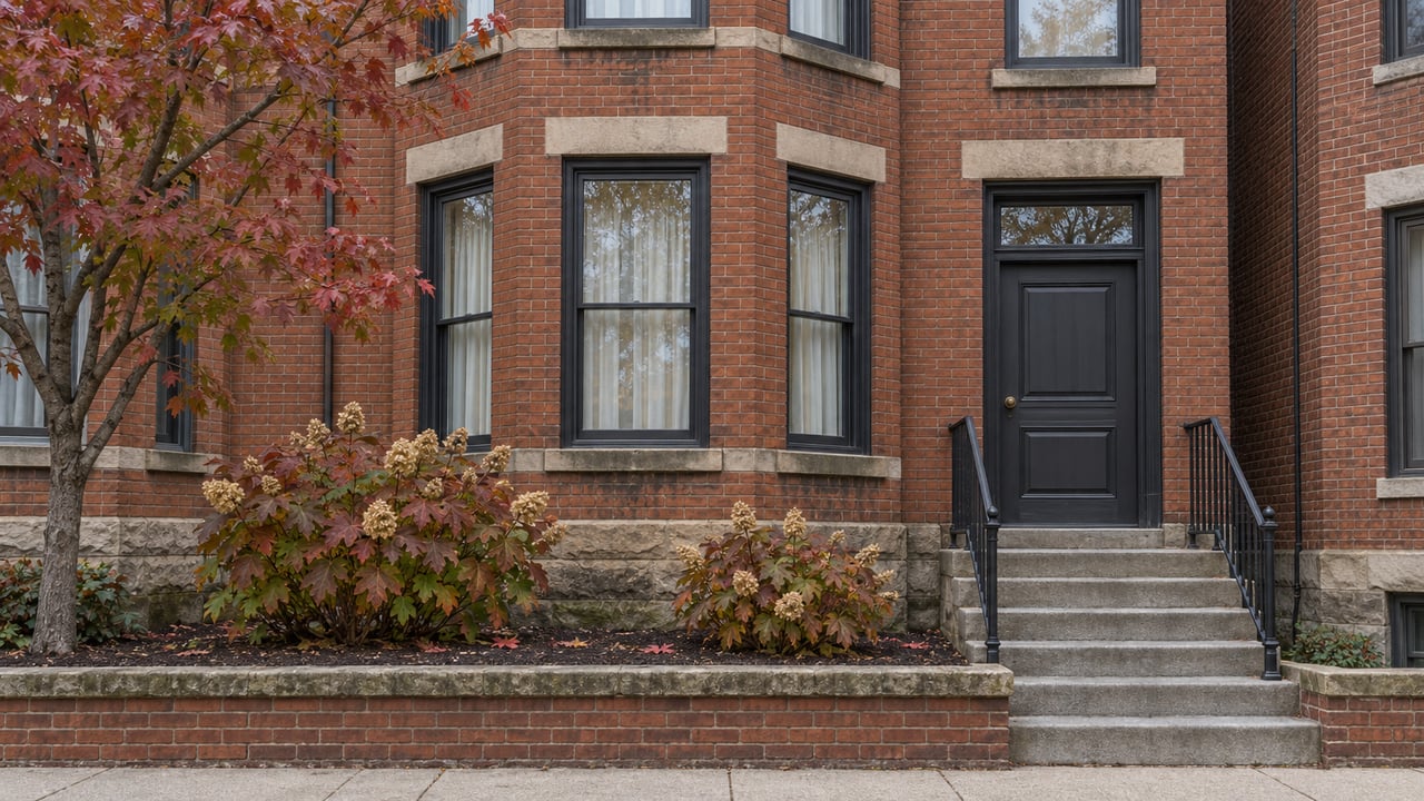 Russet brick home with charcoal bay windows, weathered stone steps, and autumn oakleaf hydrangeas beneath soft daylight.
