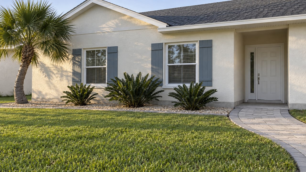 Ivory stucco home with blue shutters, a shaded entry, curved paver walk, and a broad lawn with a single fan palm.