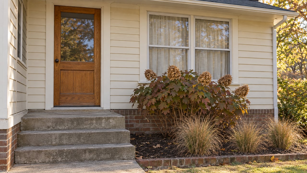 Warm ivory clapboard porch with an oak entry door, double-hung window, worn concrete steps, and autumn oakleaf hydrangea above a brick foundation.