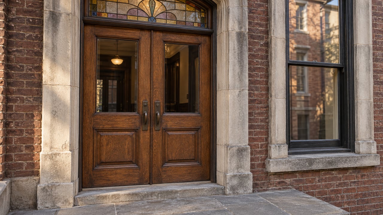 Paired oak entry doors beneath a stained-glass transom, surrounded by weathered limestone and reddish-brown brick above a worn stone landing.