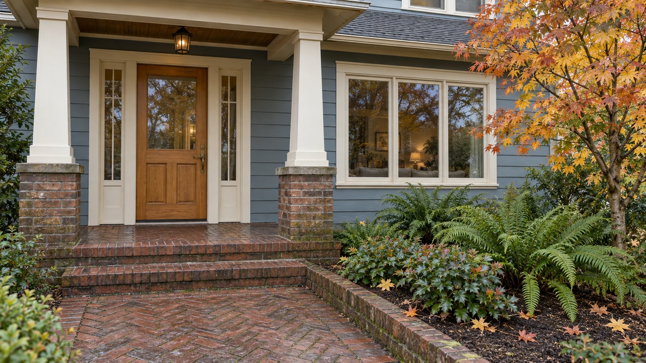 Blue-gray wood-sided home with a covered brick entry, oak door, cream-framed window and autumn vine maple above native garden plants.