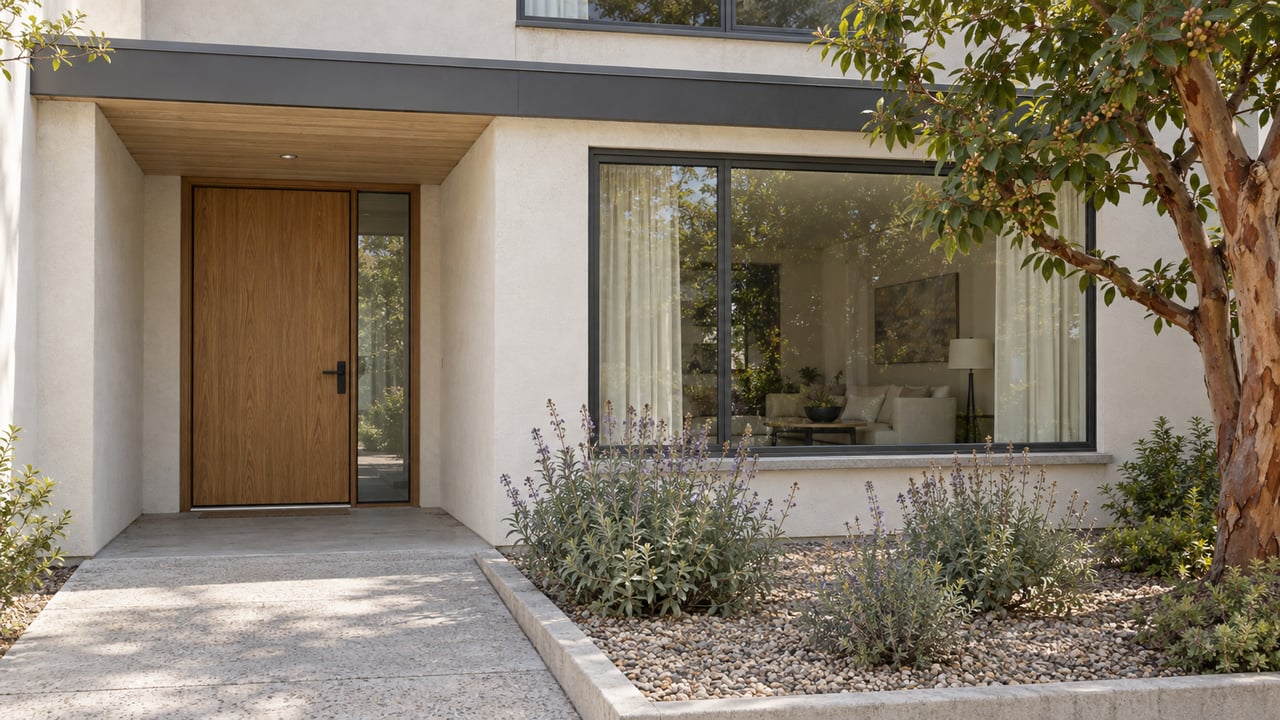 Warm-white stucco townhome entry with an oak door, charcoal-framed window, and a small planted setback beside a concrete walk.