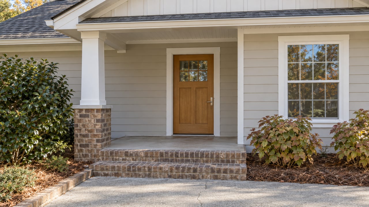 Sunlit home entrance with beige siding, a wood door, white porch column, brick steps and bronze-leaved oakleaf hydrangeas.