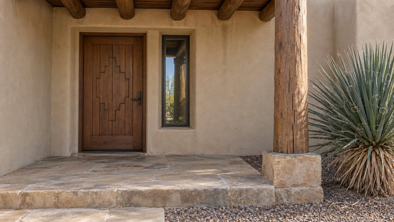 A carved wooden door beneath a weathered timber portal, with sand-colored stucco, a stone landing and a single blue-green yucca.