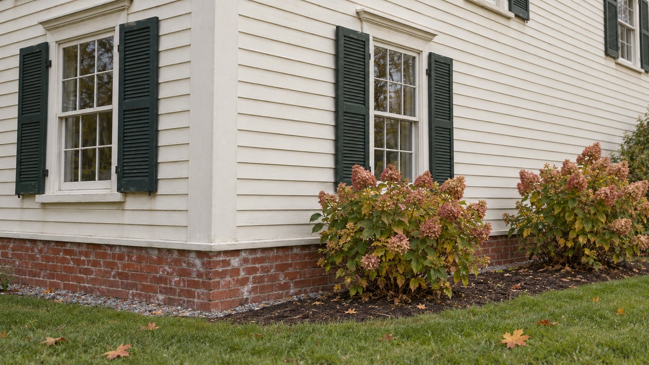 Ivory clapboard home with multi-pane windows, dark green shutters, a weathered brick foundation and copper-pink hydrangeas.
