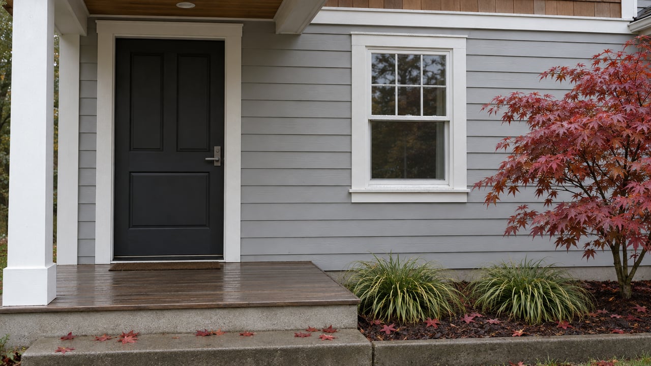 Gray clapboard house with a dark entry door, white-trimmed window, and copper-red maple beside the porch.