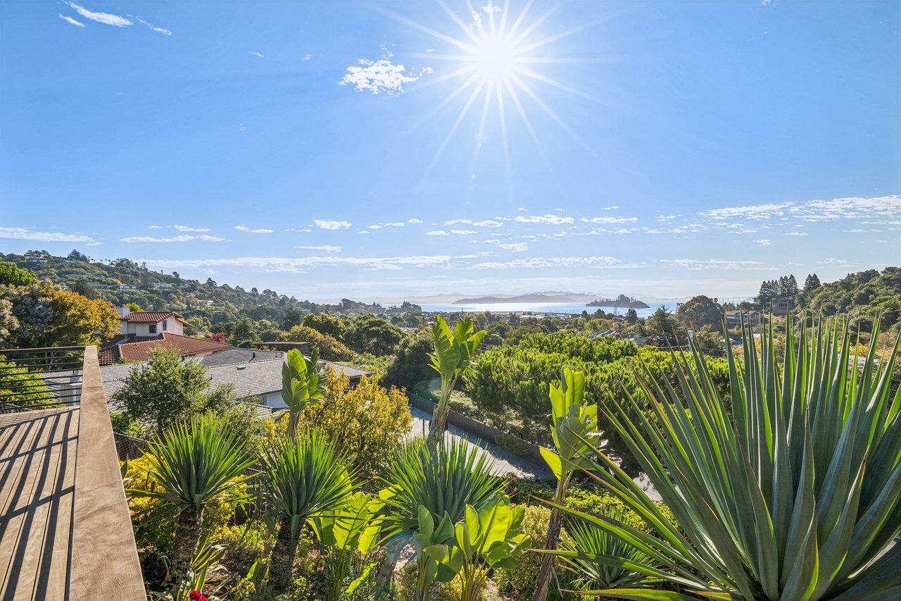 Ocean and distant islands beyond a lush garden, viewed from Villa Real’s terrace.