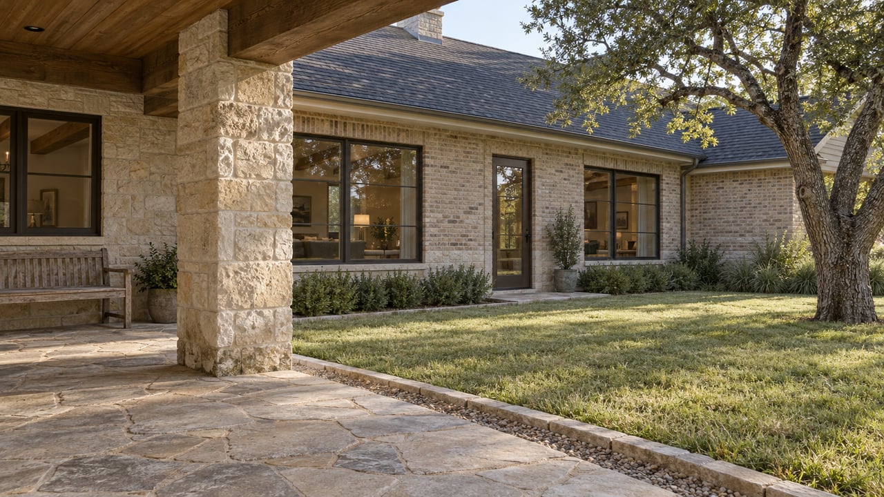 Morning light across a limestone ranch-home porch, oak bench and lawn court with a mature post oak.