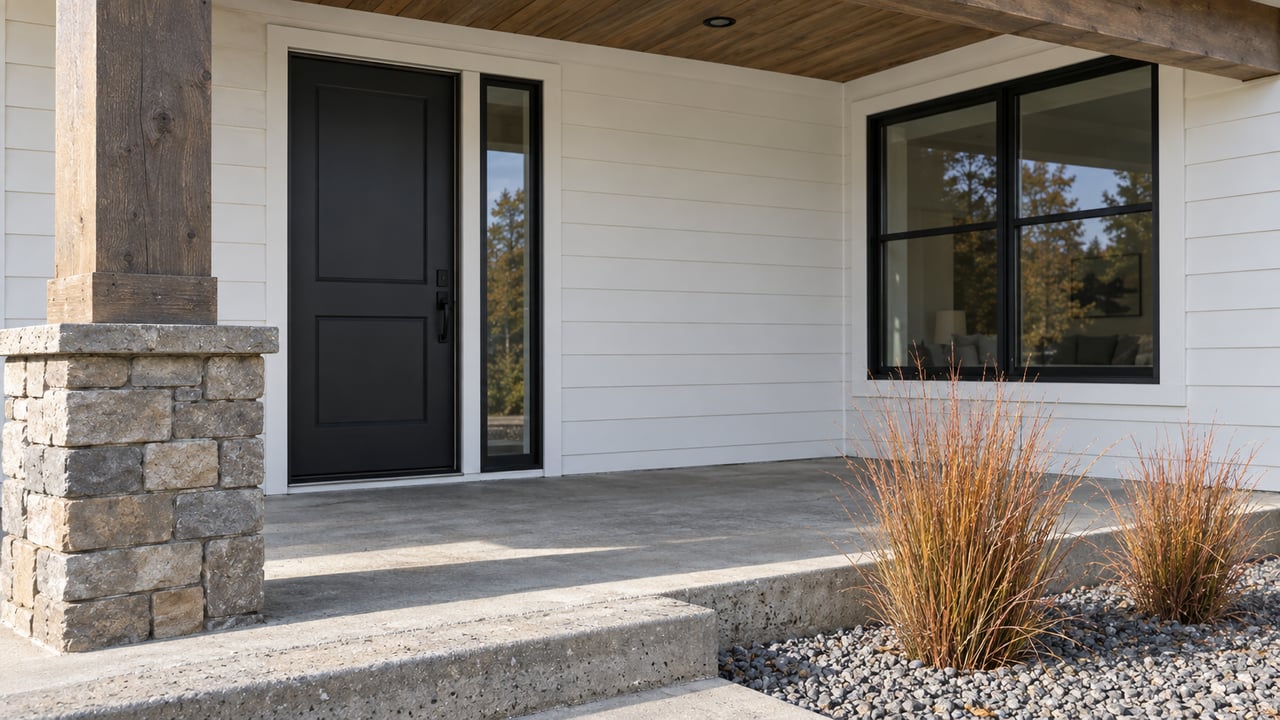 Close view of a covered front porch with a timber column, stacked-stone base, white siding and a black entry door in autumn daylight.
