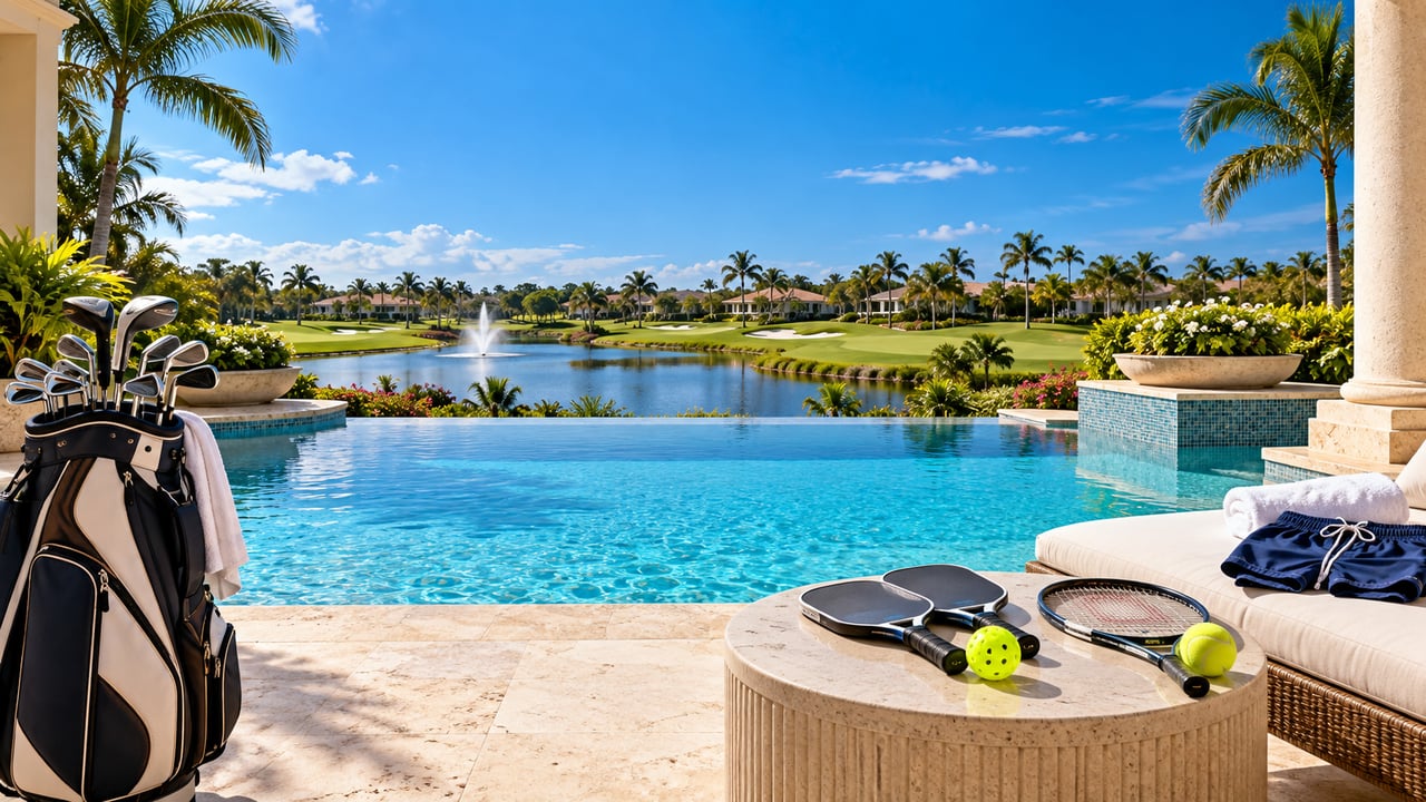 Illustration of golf clubs, pickleball paddles, a tennis racquet and swimwear beside a sunny pool and golf course.