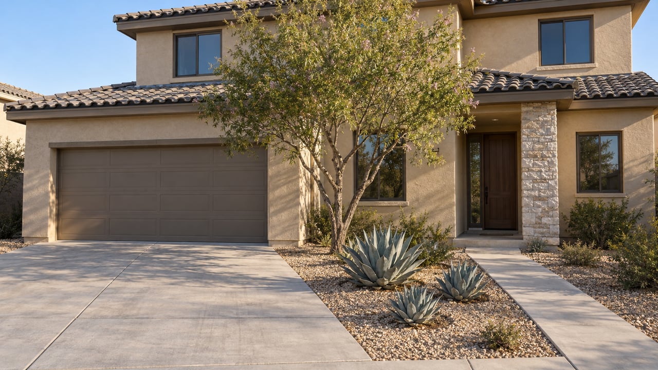 Sand-stucco two-story home with a tiled roof, stone-clad entry, concrete approach, desert willow, and three sculptural agaves.