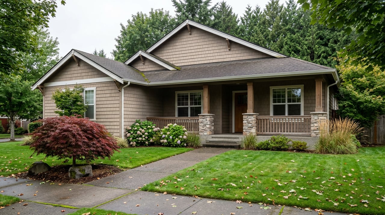 Craftsman-style home with a deep covered porch, stone piers, Japanese maple, and a walkway crossing the lawn.