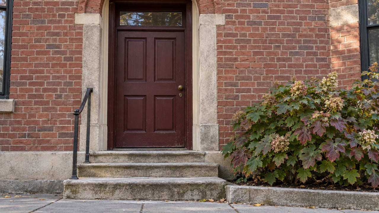 Oxblood six-panel door beneath a brick arch, reached by a three-step stoop with a small hydrangea bed.