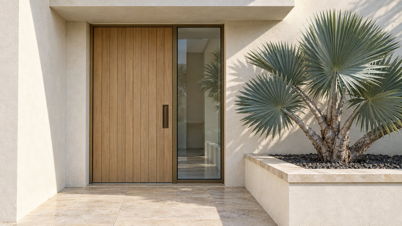 Sunlit ivory stucco entry with a closed oak door, bronze-framed sidelight, limestone paving and a sculptural fan aloe in a raised masonry bed.