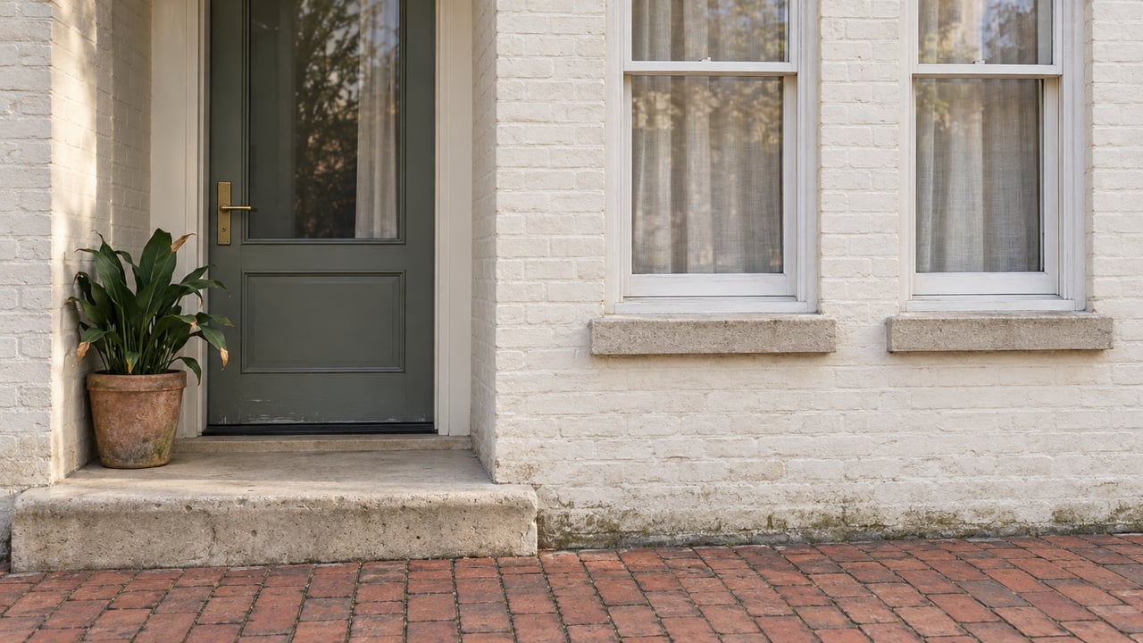 Pale limewashed brick residential entrance with a gray-green glazed door, paired sash windows, a worn stone step and one terracotta plant pot.