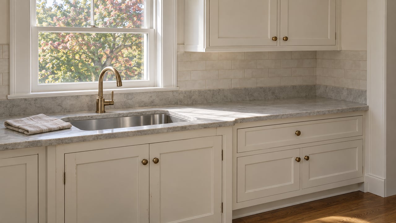Daylight illuminates warm white kitchen cabinetry, pale stone counters, an aged-brass faucet, and medium-brown oak flooring beside a window with autumn leaves outside.