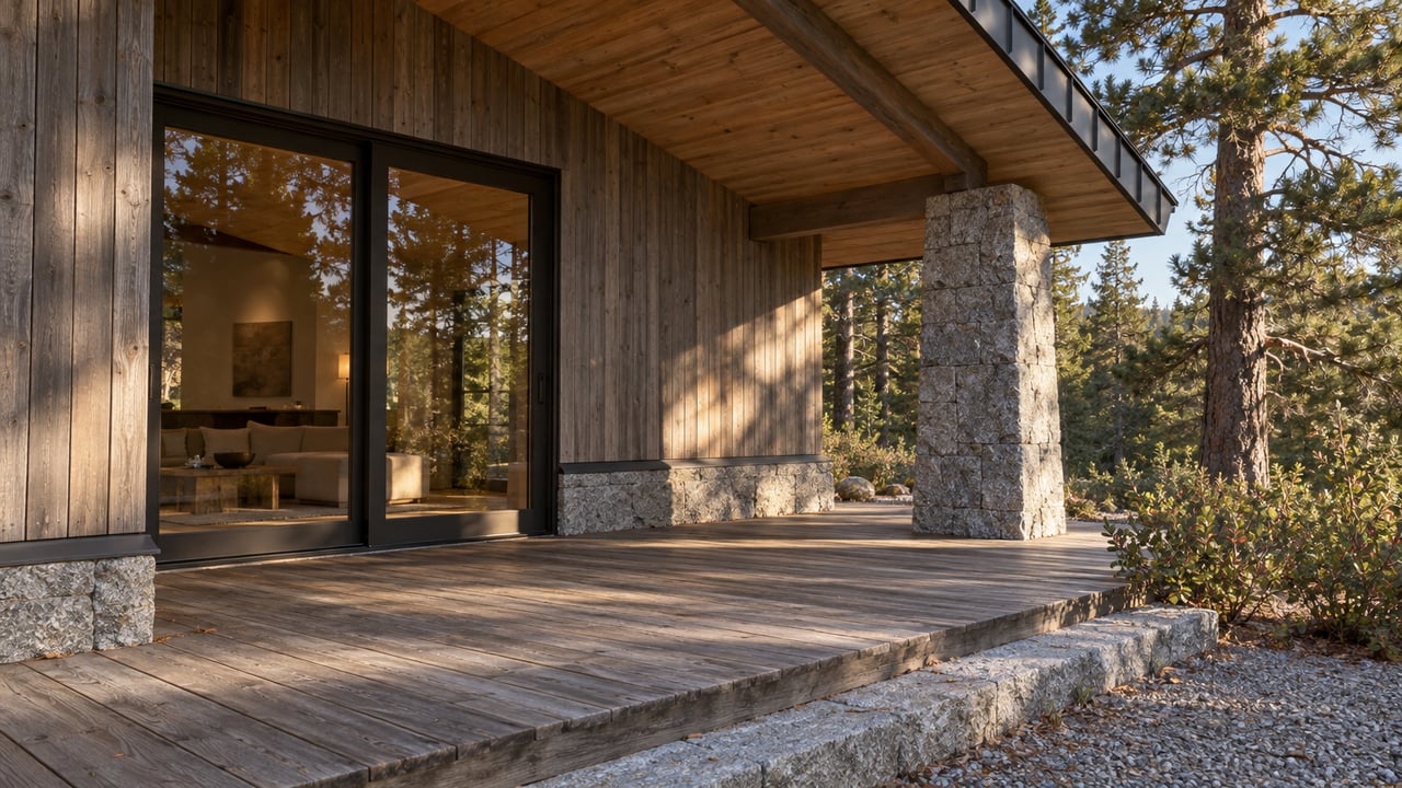 Covered timber terrace with closed glass doors, a granite support pier, and pine trees beyond.