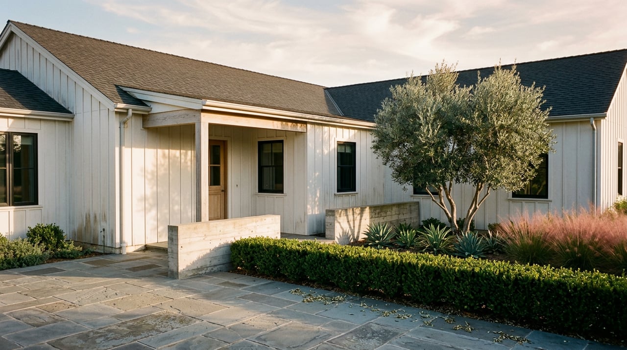 Modern farmhouse courtyard with white board-and-batten siding, bluestone paving, and a broad-canopied olive tree.