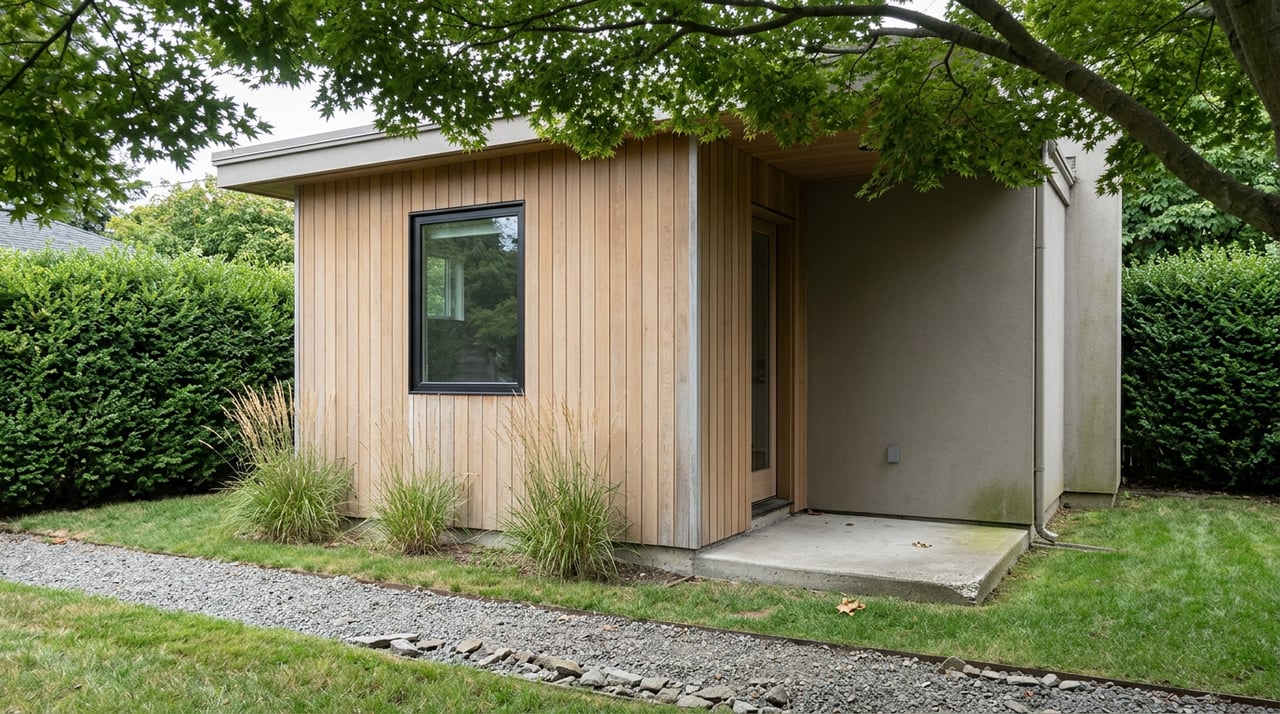 Small backyard structure with oak-toned siding, a black-framed window, and a concrete stoop beside a gravel path.