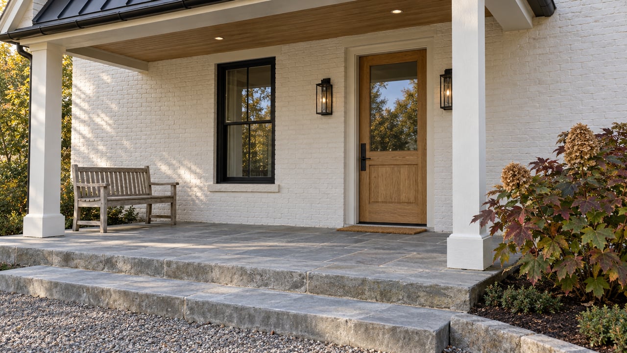 White-painted brick home entry with an oak door, black-framed window, bluestone steps and autumn oakleaf hydrangea beside a covered porch.