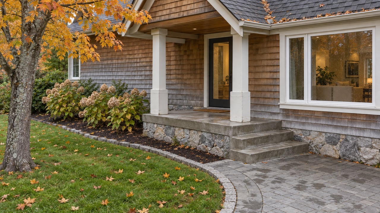 Cedar-sided home with a gabled porch, damp stone-edged walkway, green lawn, and an orange-leaved maple in autumn.