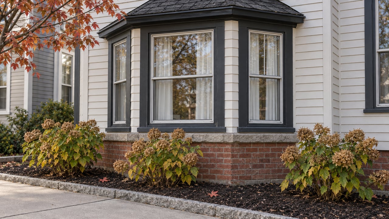 White clapboard bay window with dark timber frames above a red-brick foundation, bordered by autumn hydrangeas and a granite-edged sidewalk.