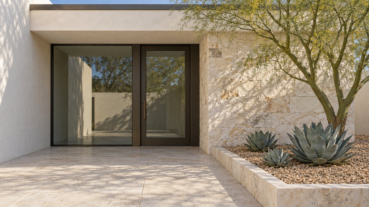 Pale stucco home entry with bronze-framed glass, limestone paving and a raised gravel bed containing a blue palo verde and three compact agaves.