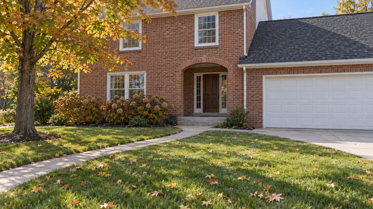 Two-story red brick home with white-trimmed windows, an arched entry and a broad autumn lawn beneath a sugar maple.