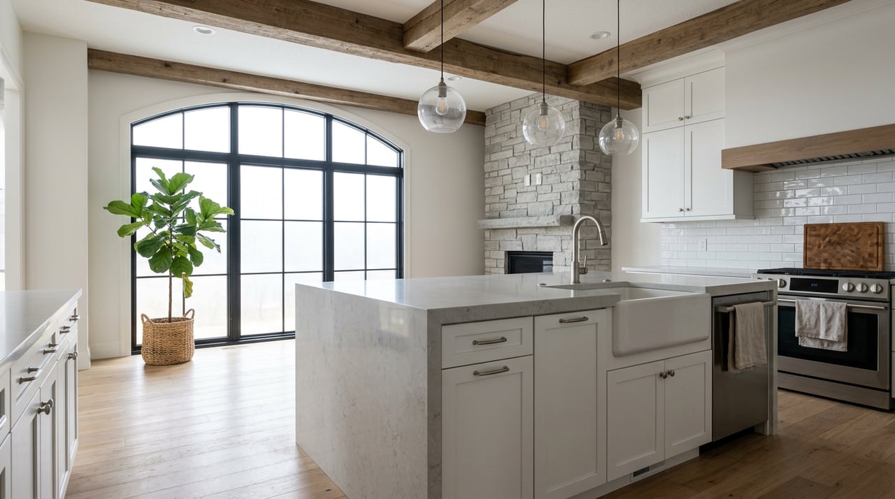 White kitchen with a gray waterfall island, arched black-framed window, and stacked-stone fireplace.