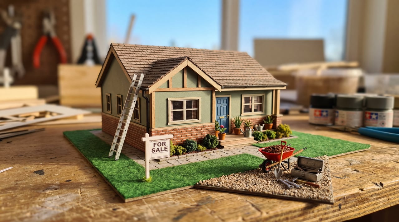 Miniature model house with a 'FOR SALE' sign, ladder, wheelbarrow, and toolbox, showing home prep before selling