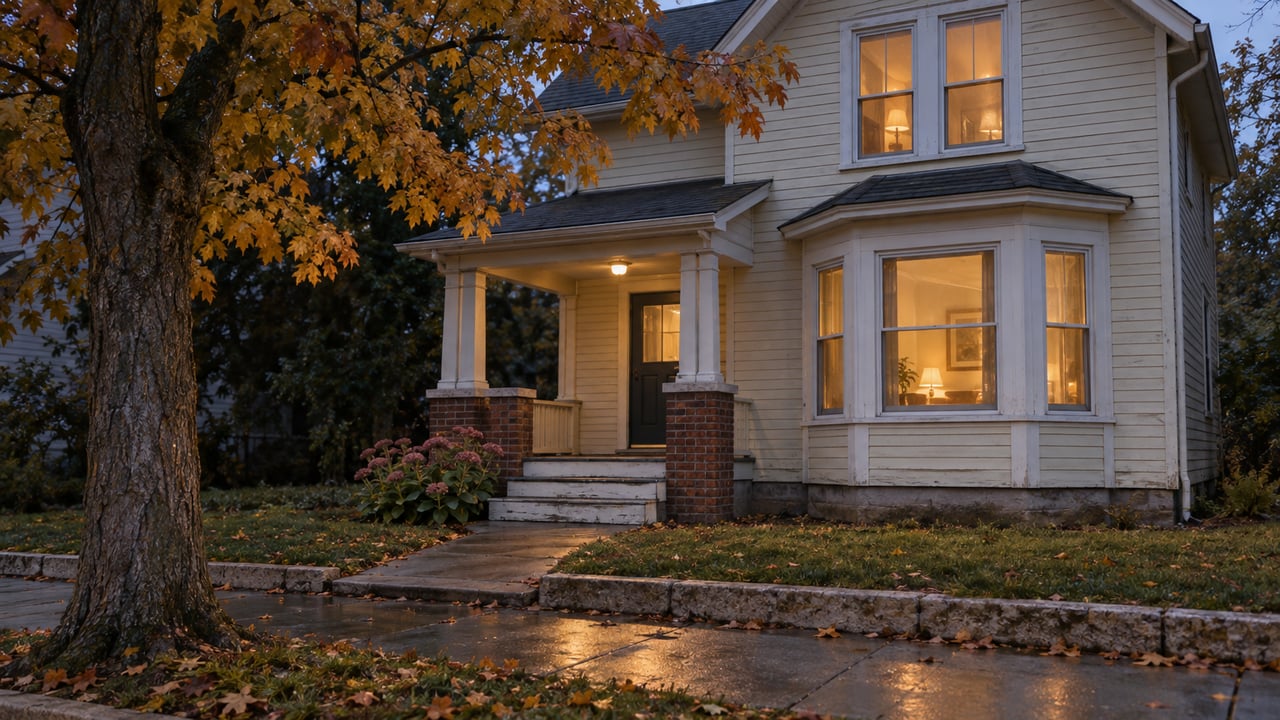 Older cream-sided house with amber-lit windows, brick porch piers, and autumn leaves on a damp sidewalk.