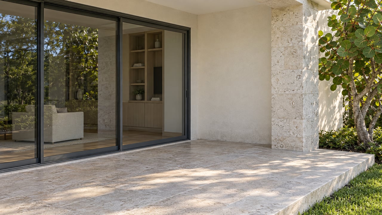 Shellstone terrace and shaded glass doors of a light stucco home, beside a mature sea grape tree.