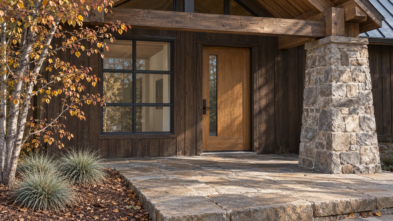 Sunlit timber-and-stone home entry with a sandstone porch, closed oak door and copper-colored serviceberry leaves.