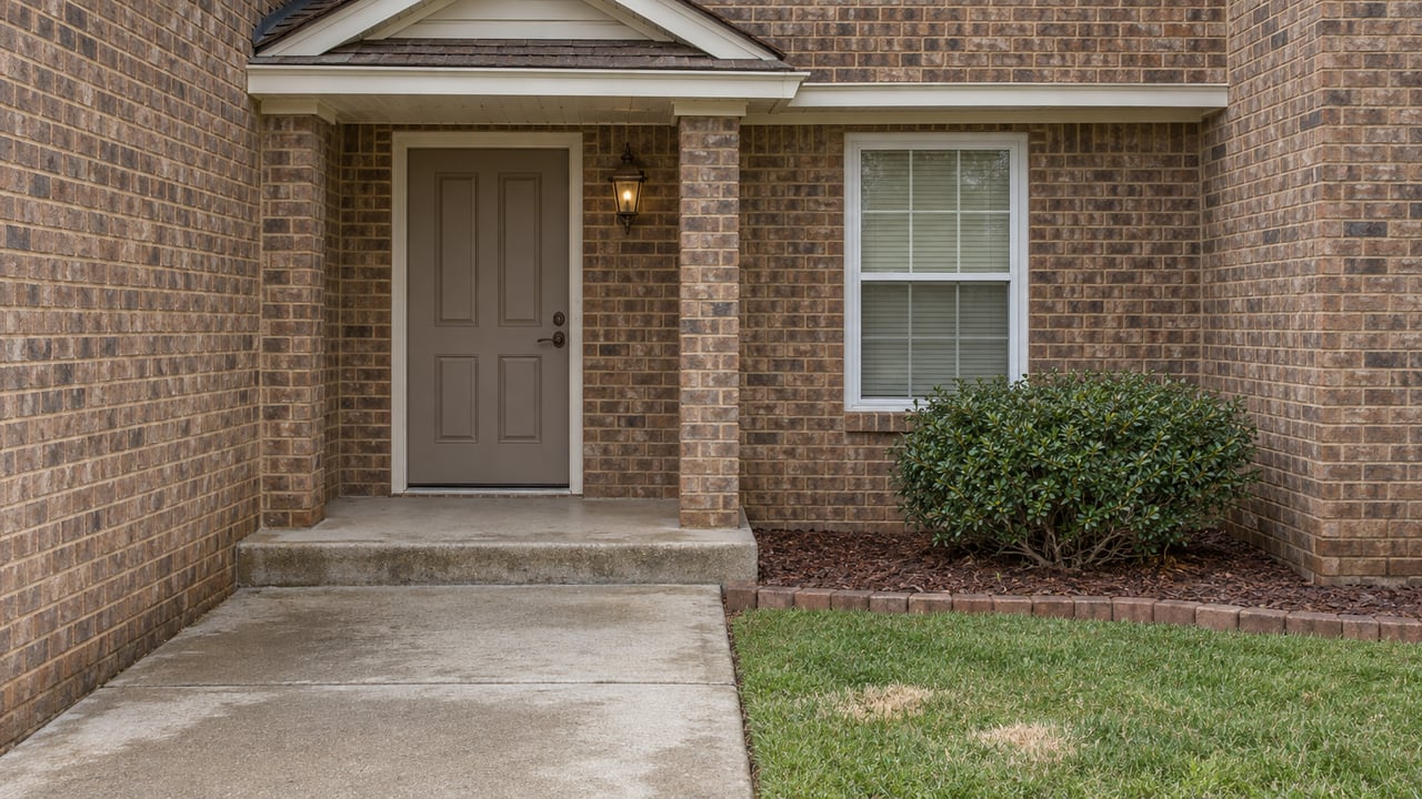 A covered brown-brick home entry with a taupe door, white-framed window and drying concrete walkway beside a small shrub and lawn.