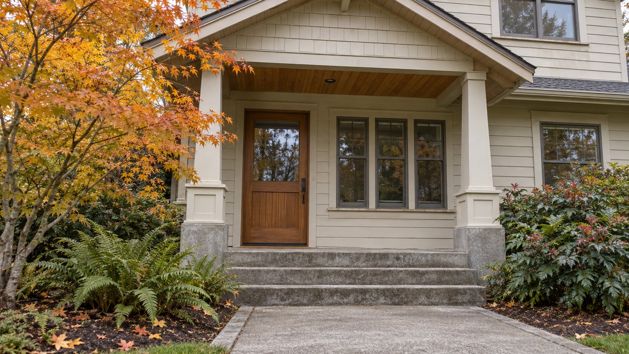 Covered home entry with cream siding, a fir door, weathered concrete steps, and autumn vine maple beside sword ferns.