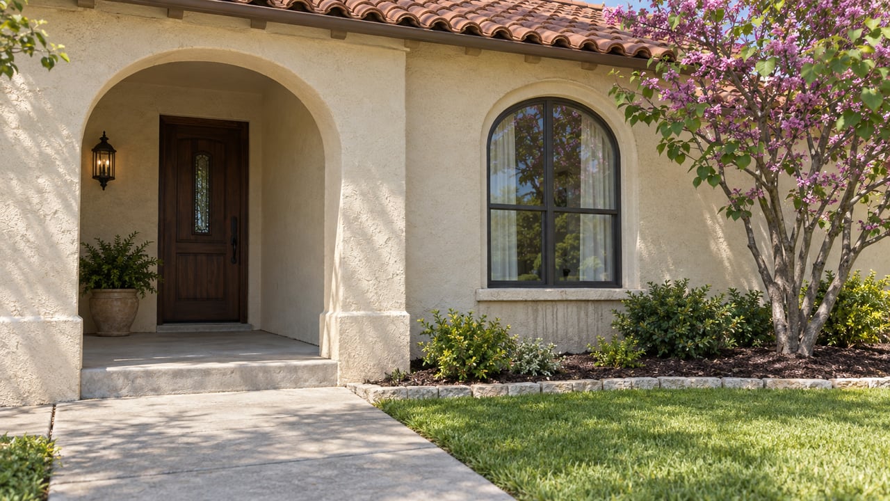 Cream stucco home with a terracotta roof, shaded arched porch, dark front door and redbud beside an arched window.