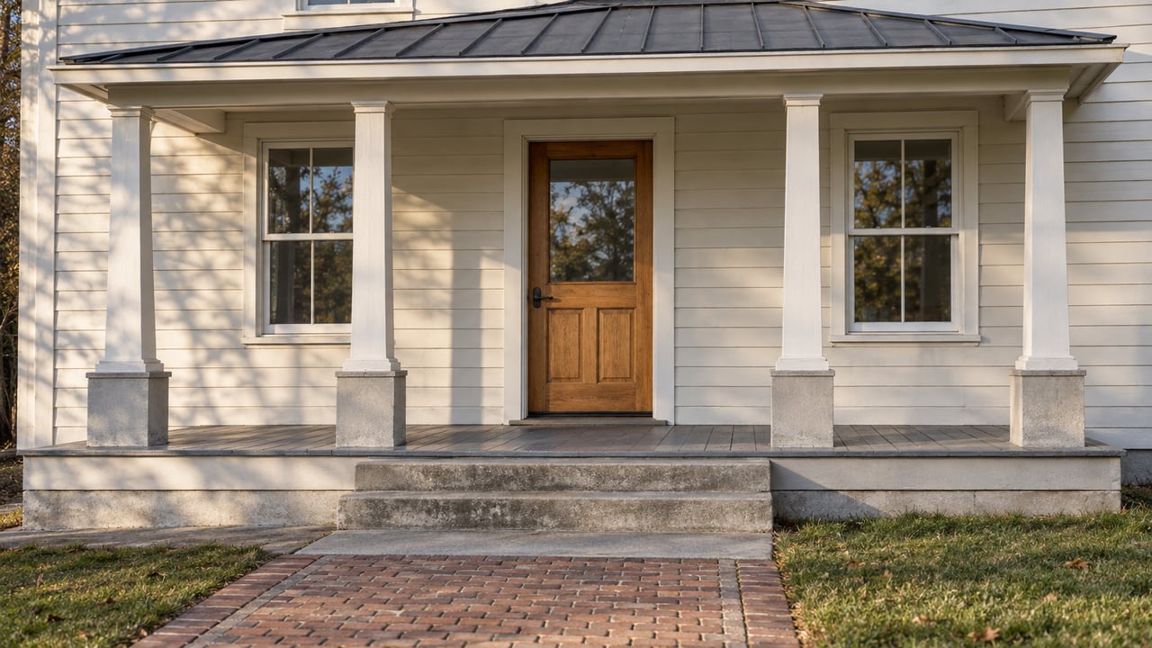 Ivory-sided home entry with an oak door, two porch posts, weathered gray floorboards, and brick approach in autumn sunlight.