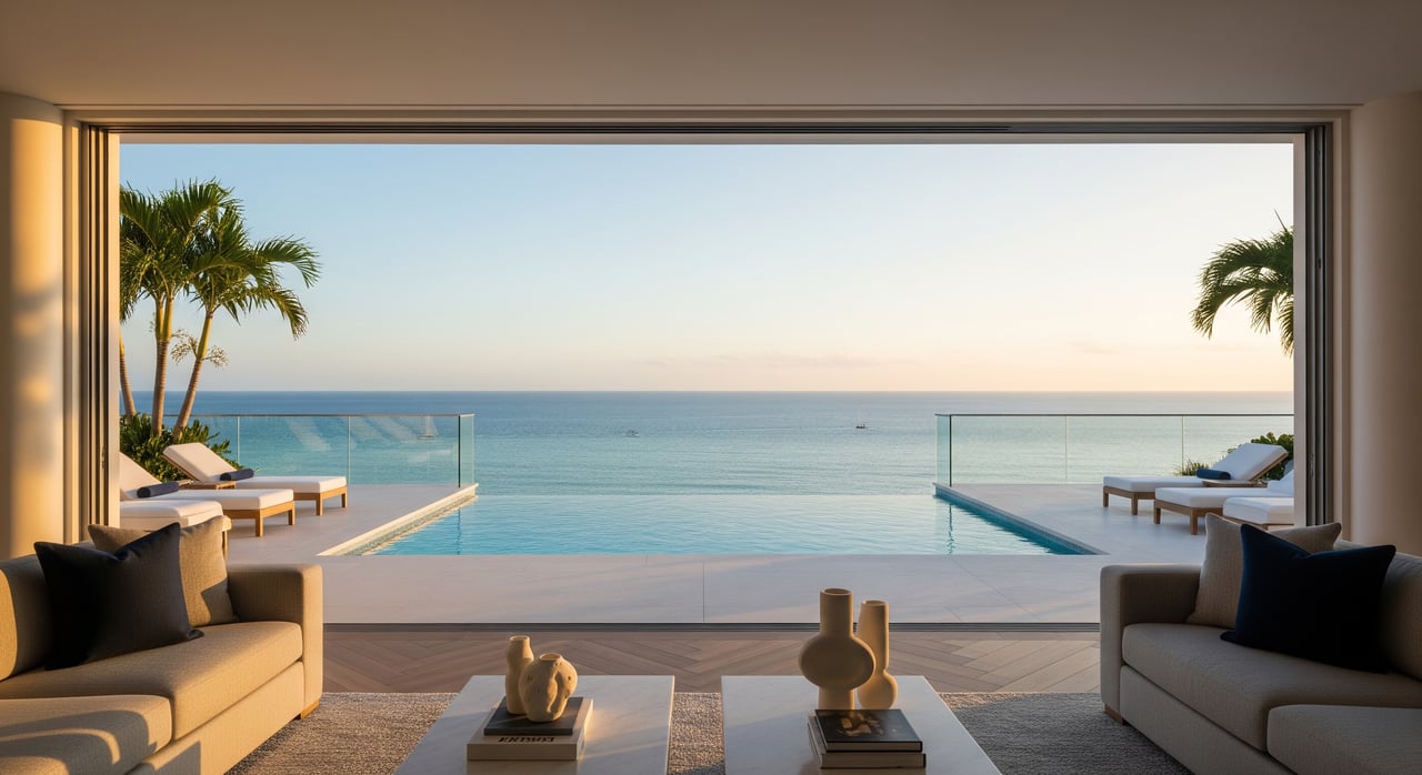 Open modern living room framing an infinity pool and calm ocean, with palm trees and lounge chairs.