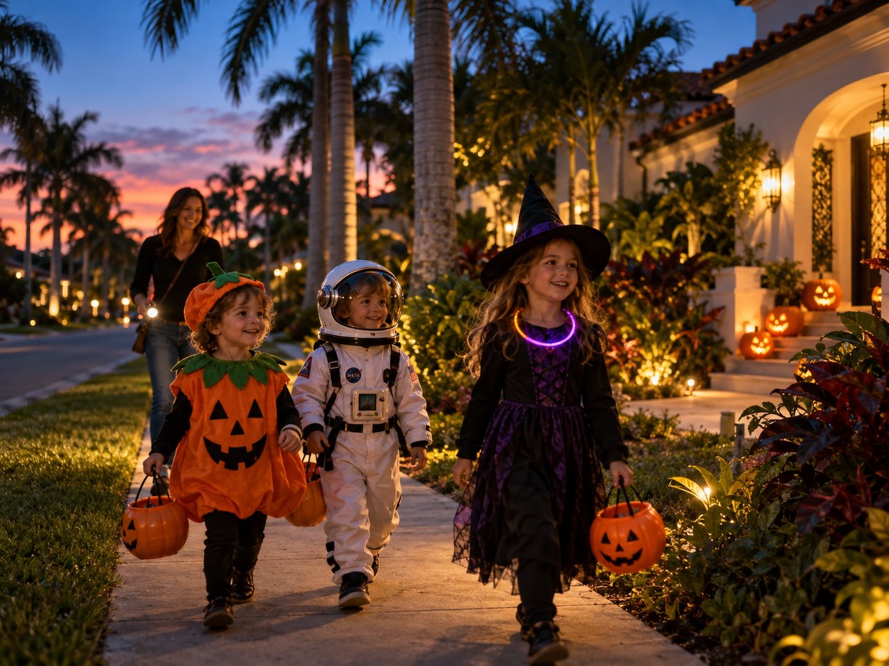 Children in Halloween costumes trick-or-treating along a palm-lined sidewalk in Jupiter, Florida, at dusk