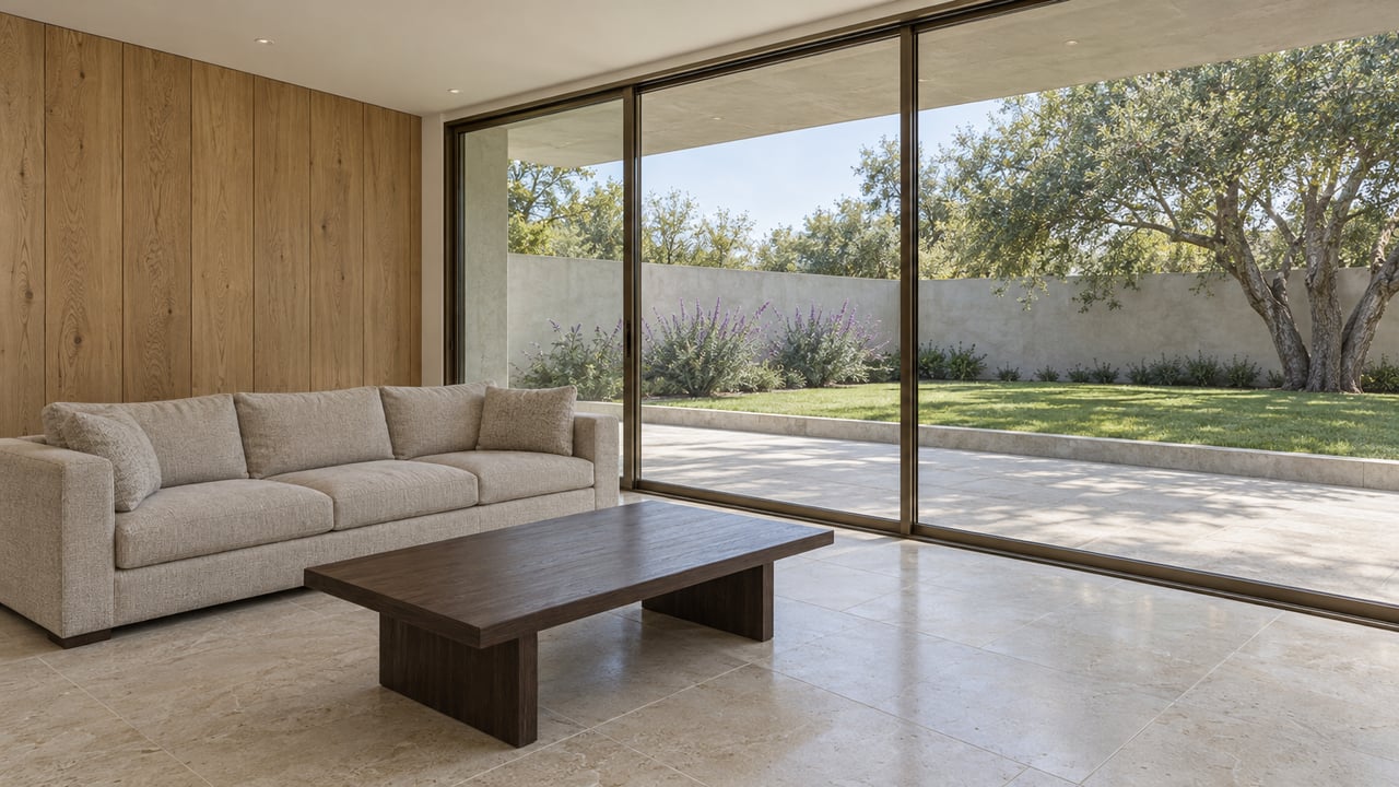 Limestone-floored contemporary living room with an oak wall and woven sofa overlooking a terrace, winter-green lawn and mature oak.