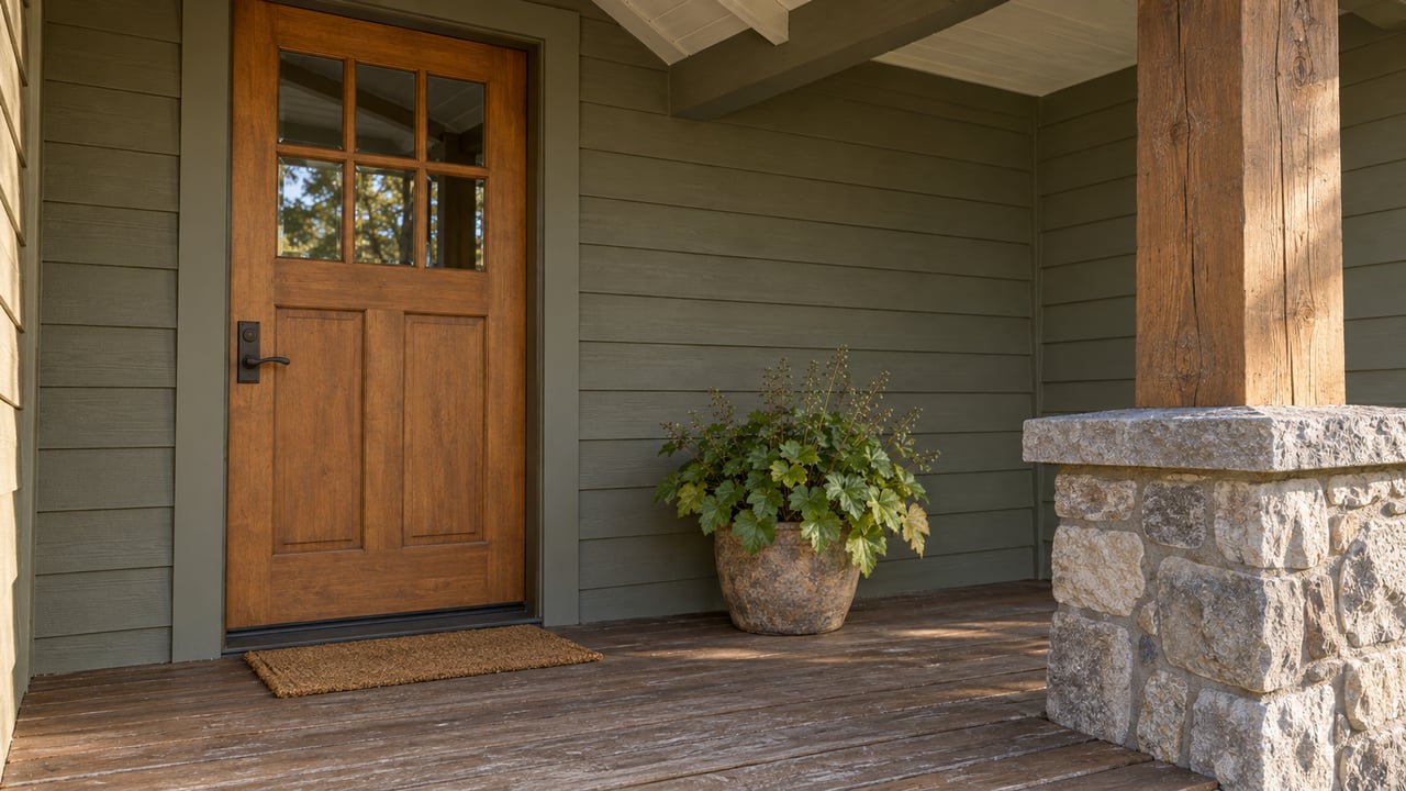 A sheltered wood front door beside olive-gray siding, with exposed porch timbers, a stone post base and one potted alumroot.