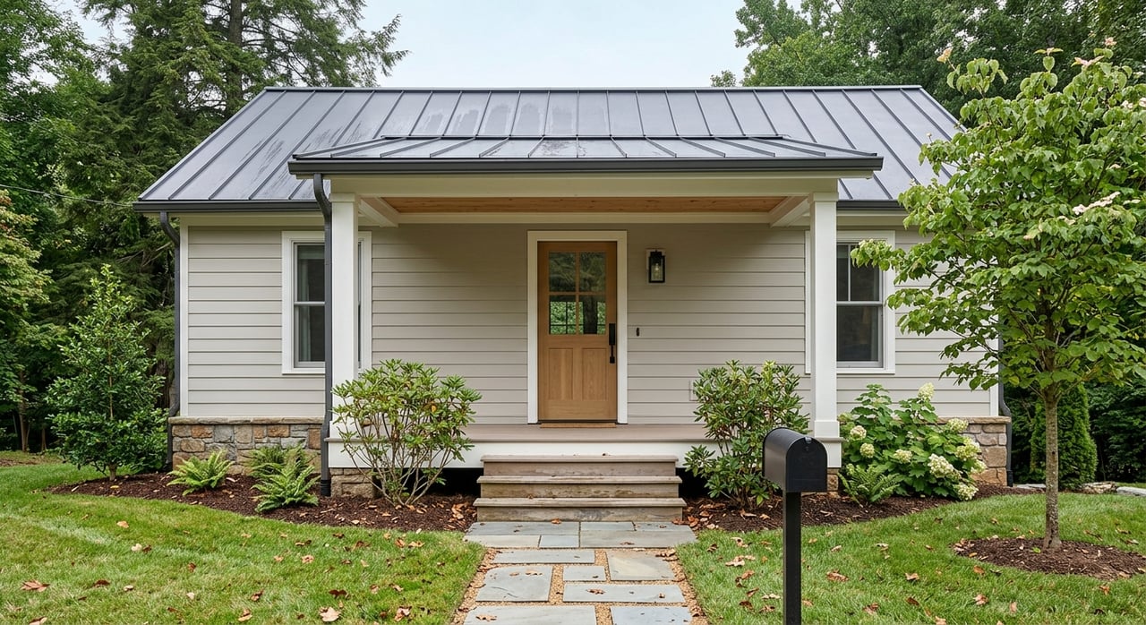 Gray cottage with charcoal metal roof, covered porch, and bluestone path bordered by shrubs.