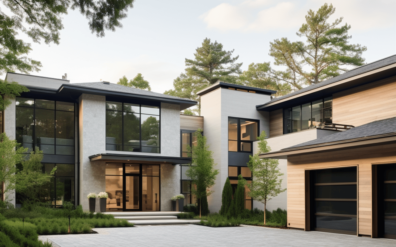 Modern home with expansive windows, warm wood siding, and a two-car garage.