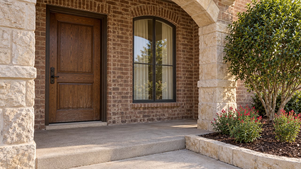 Morning light across a brick home's limestone porch arch, oak front door and tall arched window beside a curbed planting bed.
