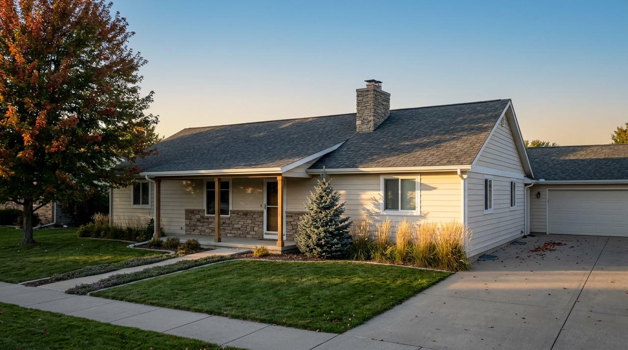 Single-story ranch home with warm-white siding, stone entry, broad front lawn, and driveway in golden-hour light.